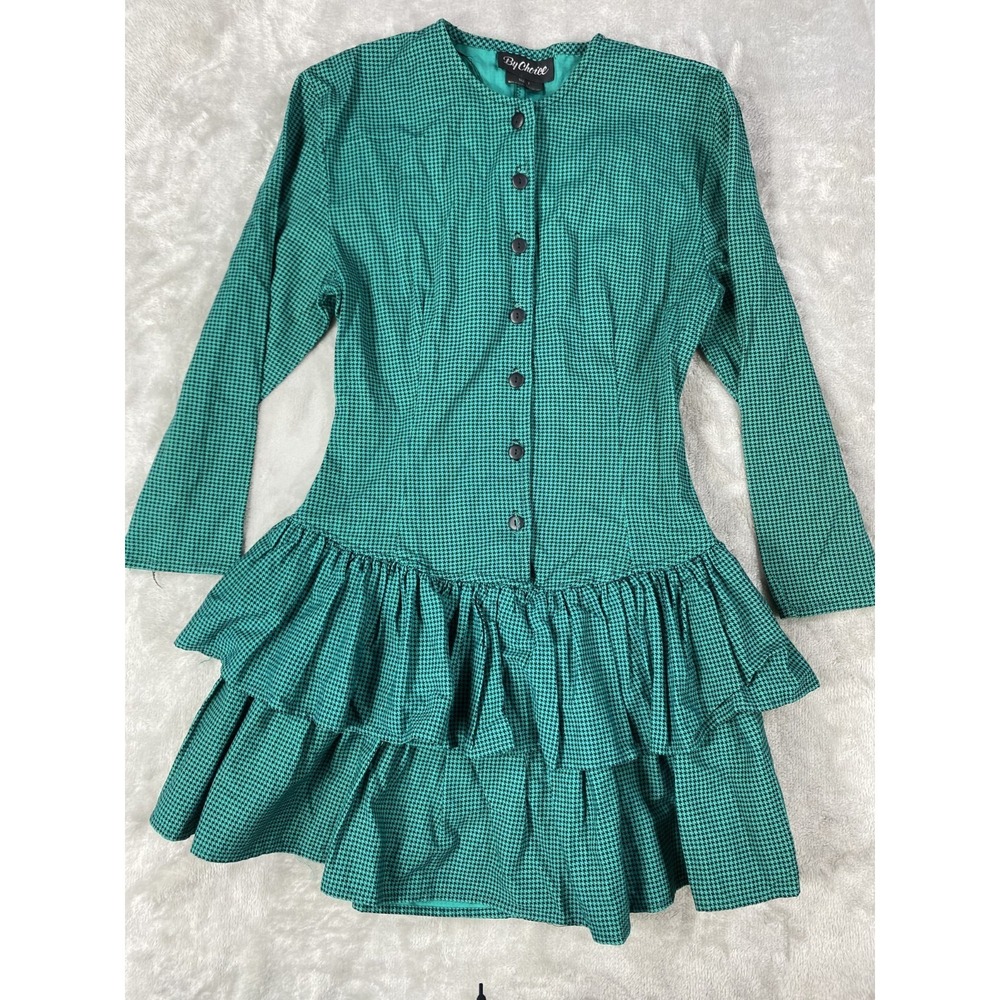 Vintage 80s Drop Waist Dress Womens 7 Green Puffy Long Sleeve Button Houndstooth